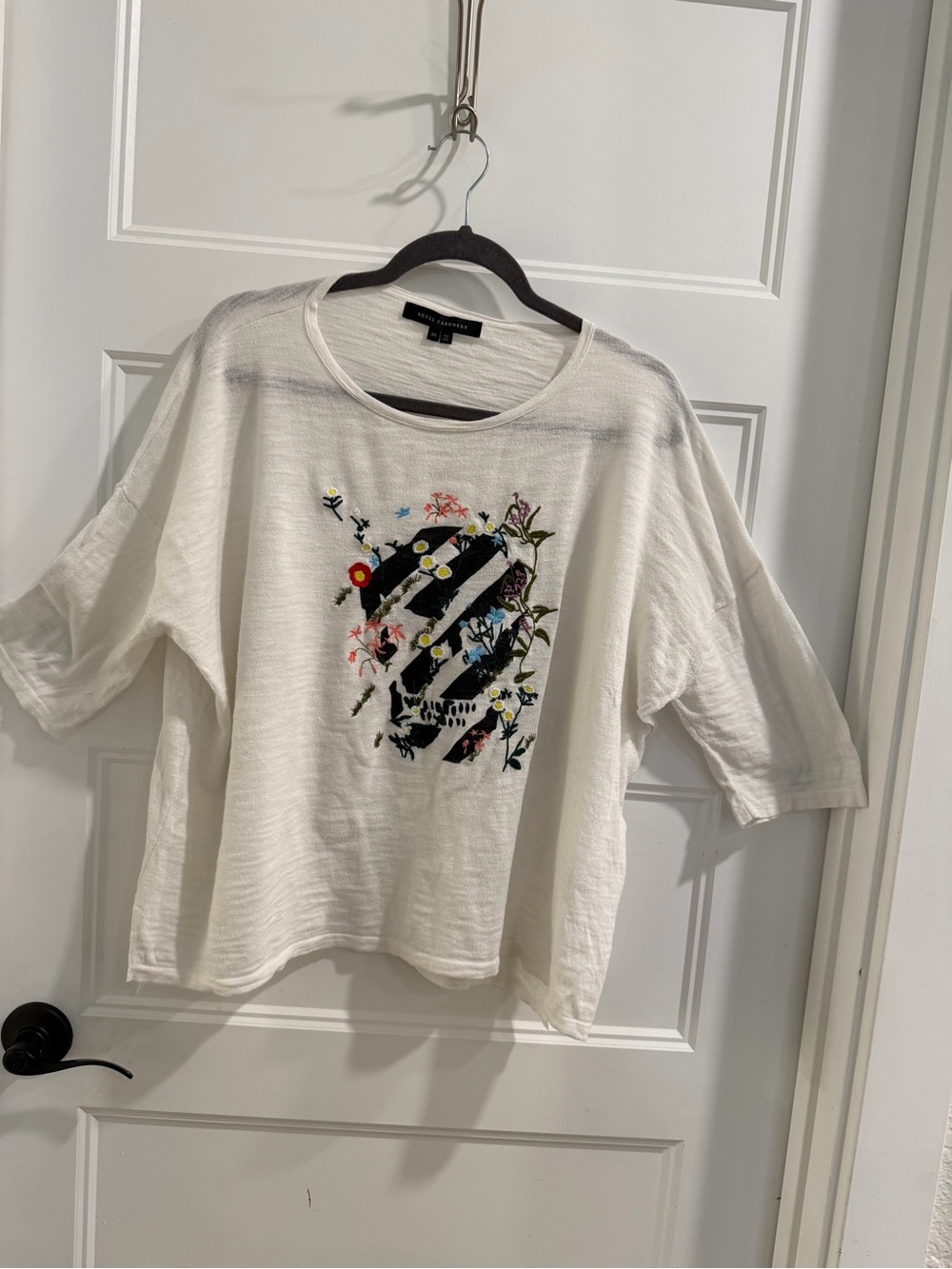 Skull Cashmere Floral Embroidered Cotton White Knit Flowy Top/Tunic